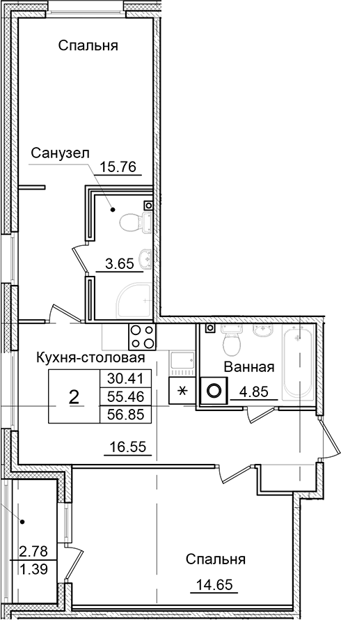 2-комнатная квартира 56.85 м², 1/9 эт., ЖК «Квартал Заречье»